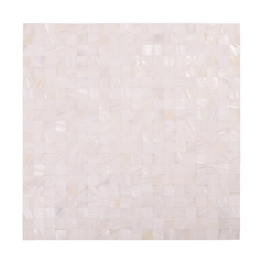  Full view of white square shell mosaic tile sheet with natural iridescence