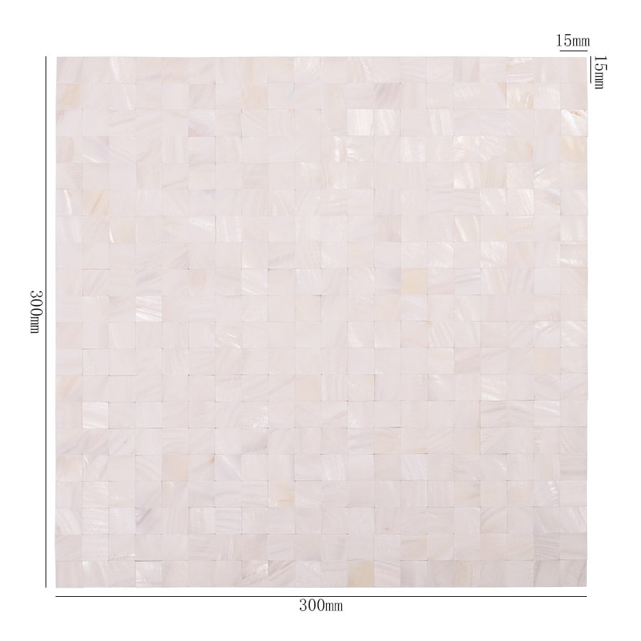 Full sheet of white shell mosaic tile with 15mm size and 300mm dimensions
