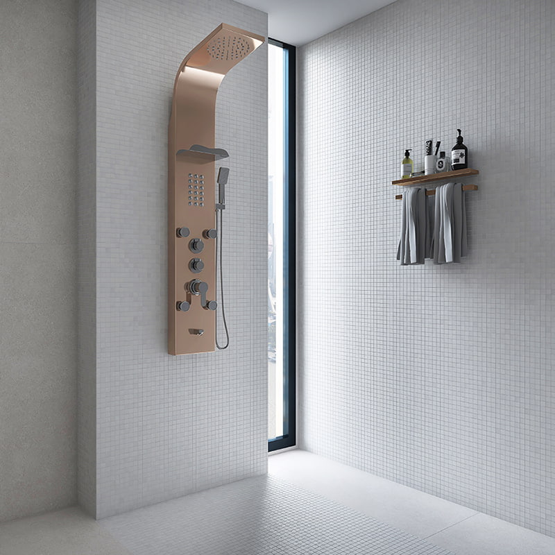 Small white glass mosaic tiles used in a sleek modern shower wall