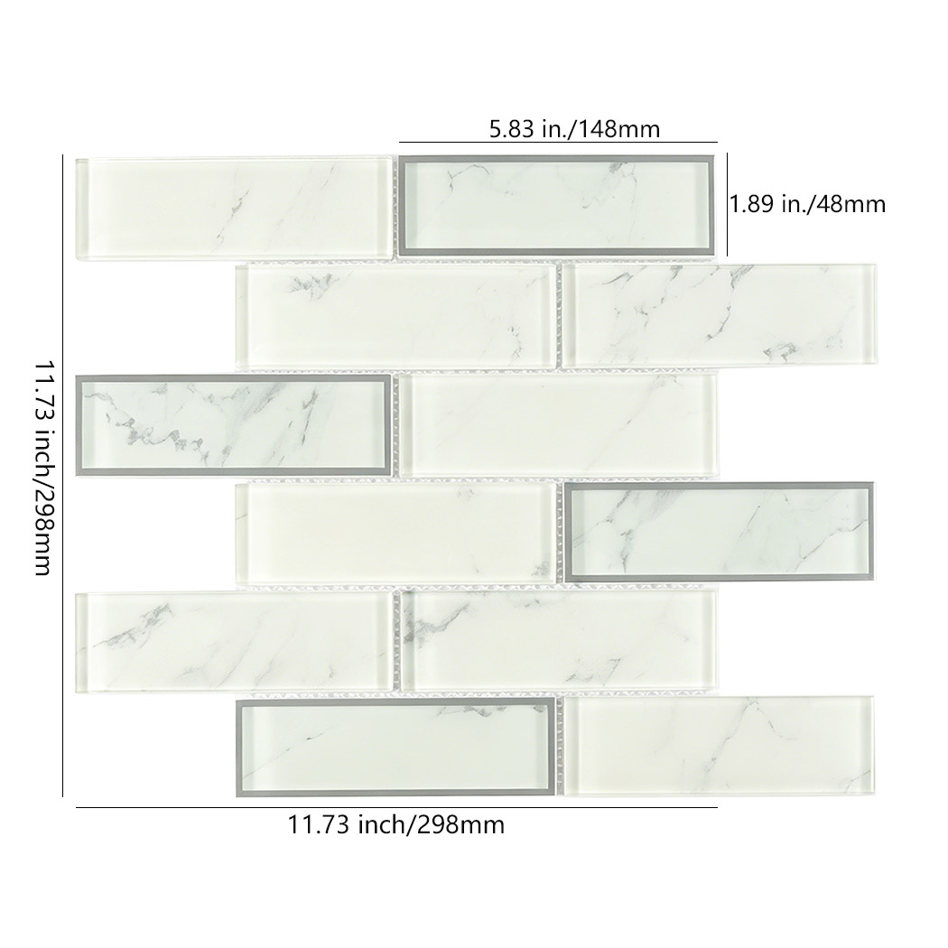 White glass subway tile sheet with silver border accents and 5.83 inch chips
