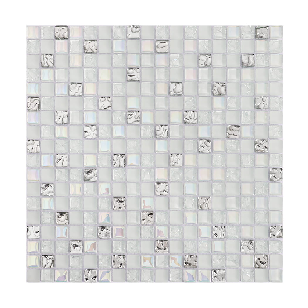 Full sheet of white silver iridescent mixed glass mosaic tile