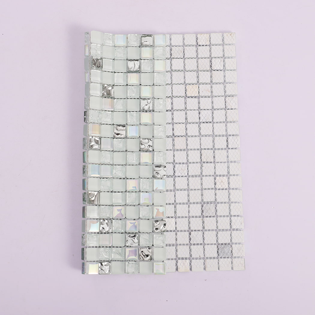 White silver iridescent mixed glass mosaic tile with mesh backing view