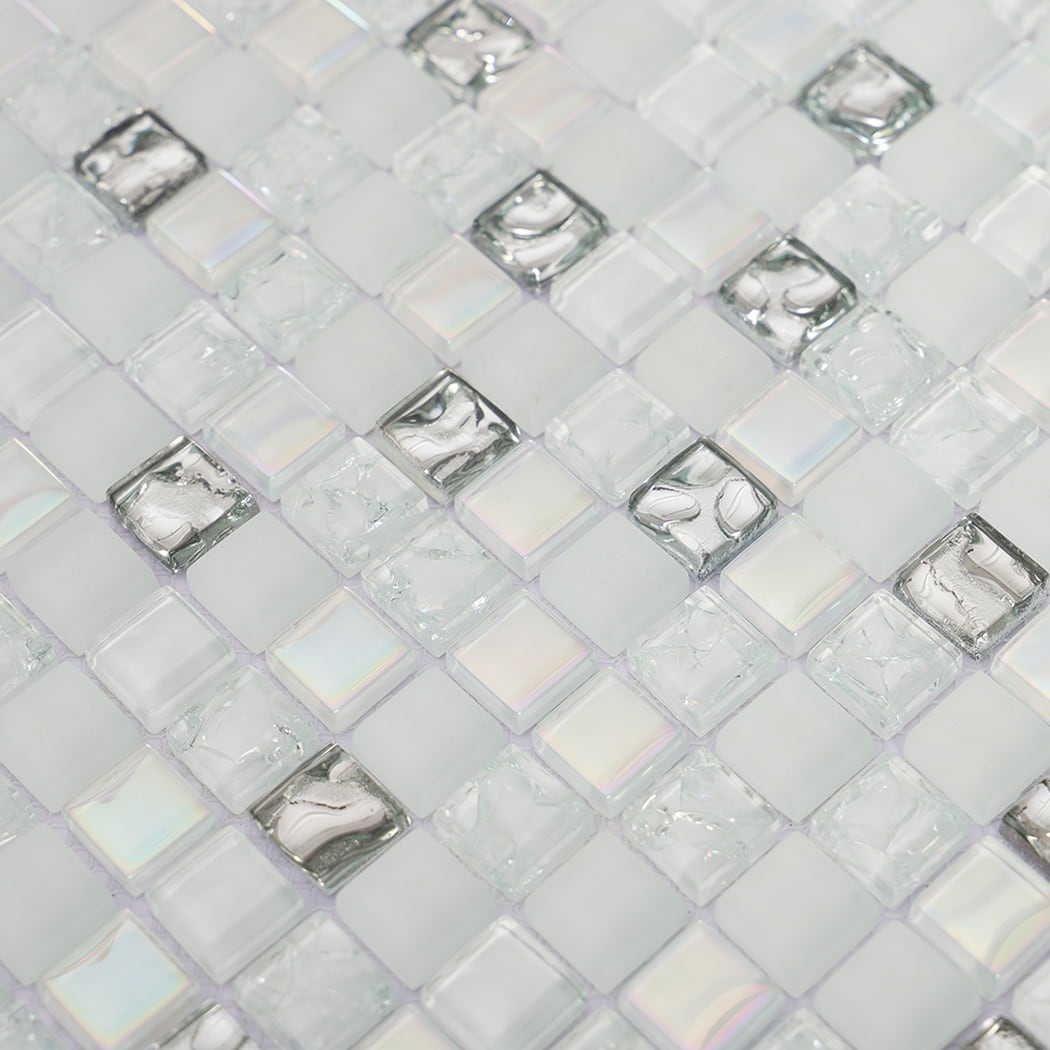Close-up of white silver iridescent mixed glass mosaic tile pattern