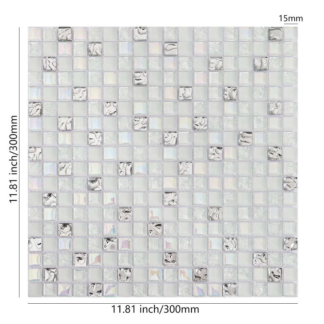 White silver iridescent mixed glass mosaic tile sheet with size details