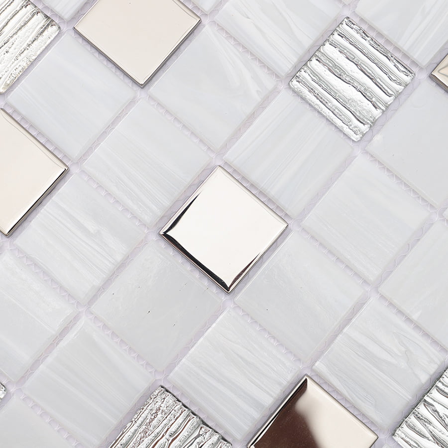 Detailed view of square mosaic tiles with glossy and textured finish