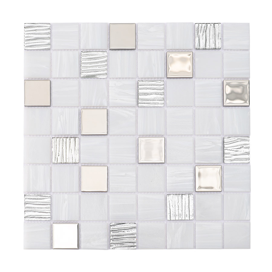 Full view of square mosaic tile sheet with silver and white finish