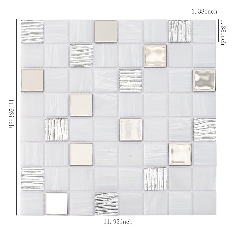Square mosaic tile sheet with silver accents and size dimensions shown