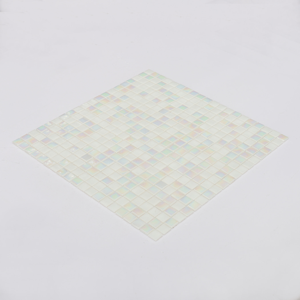 perspective layout of white square glass pool tile sheet on light background