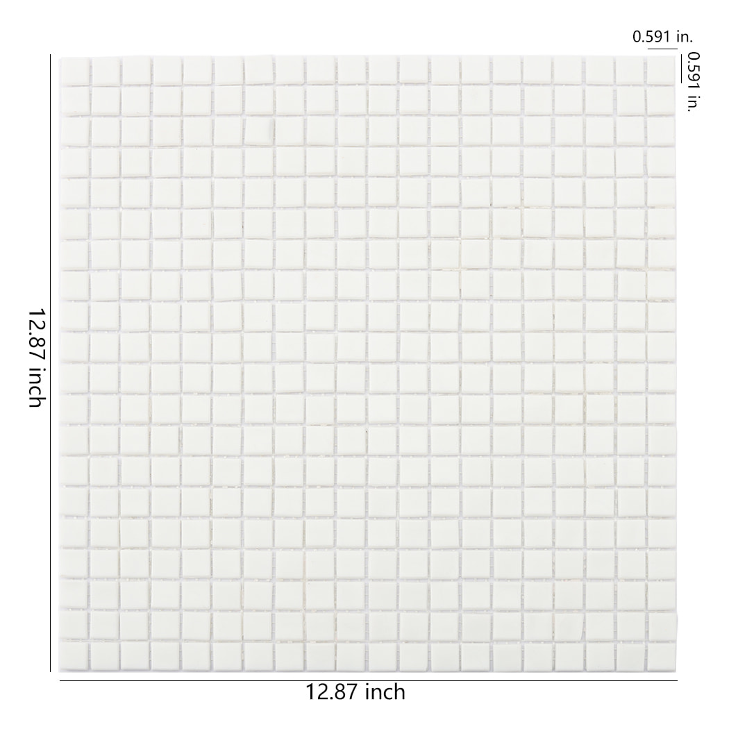 Full sheet view of white square glass mosaic tile with precise size markings