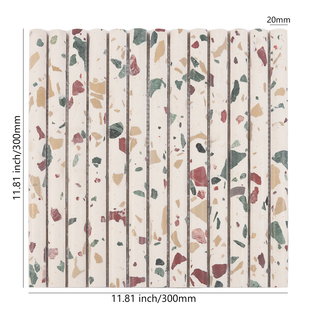 White terrazzo fluted mosaic tile sheet with 20mm strips and 300mm size
