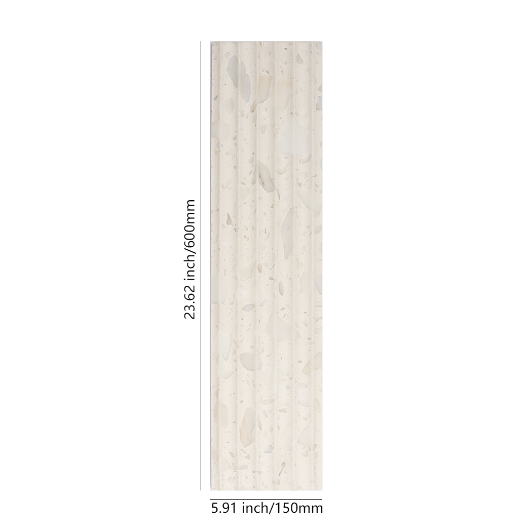 White terrazzo fluted wall tile showing 150mm by 600mm size