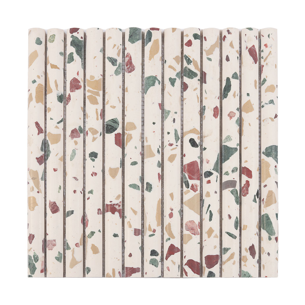 Full sheet of white terrazzo rounded strip mosaic tile with colorful stone chips
