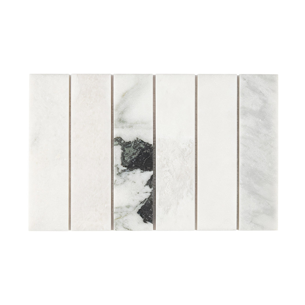 White vertical marble strip mosaic with soft gray and bold black veining