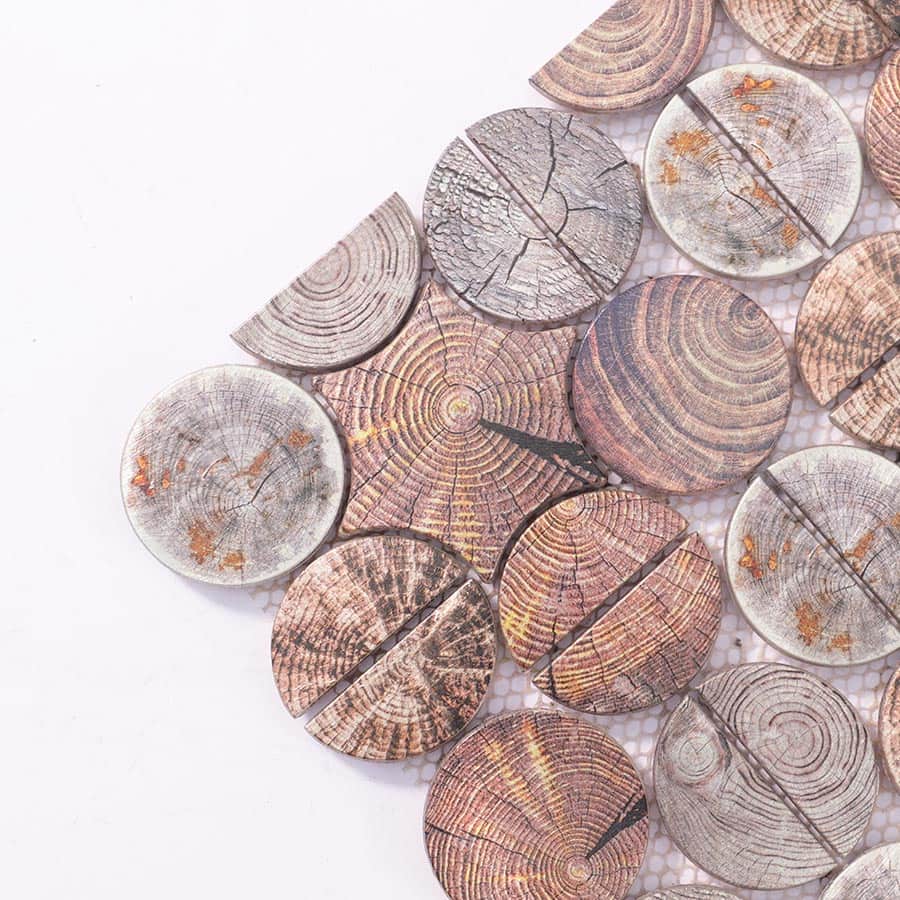 Close-up of corner section showing wood texture on round aluminum tiles
