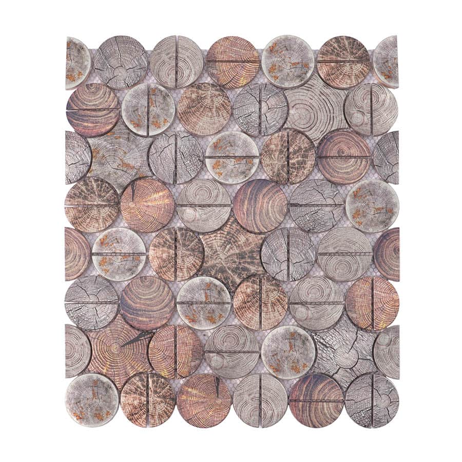 Full front view of wood grain aluminum penny round mosaic tile sheet