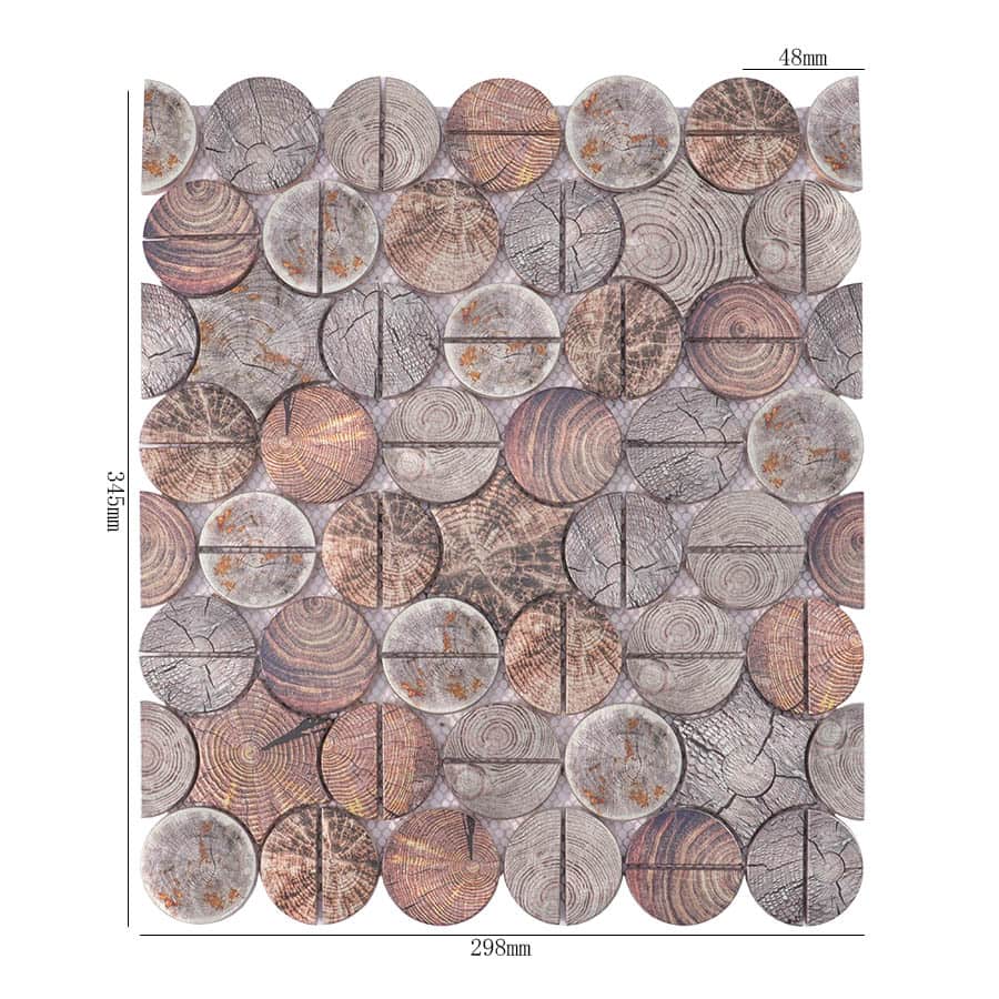 Wood grain pattern round aluminum mosaic tile sheet with size reference
