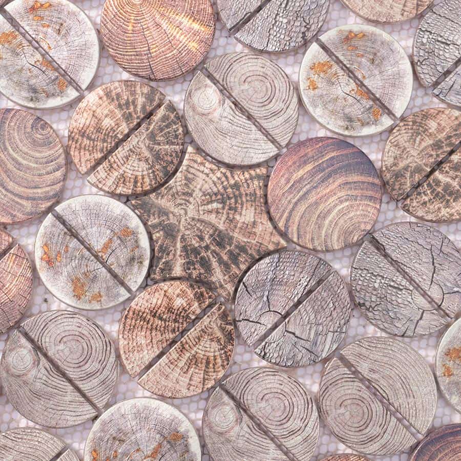 Detailed top view highlighting surface texture of wood grain penny tiles