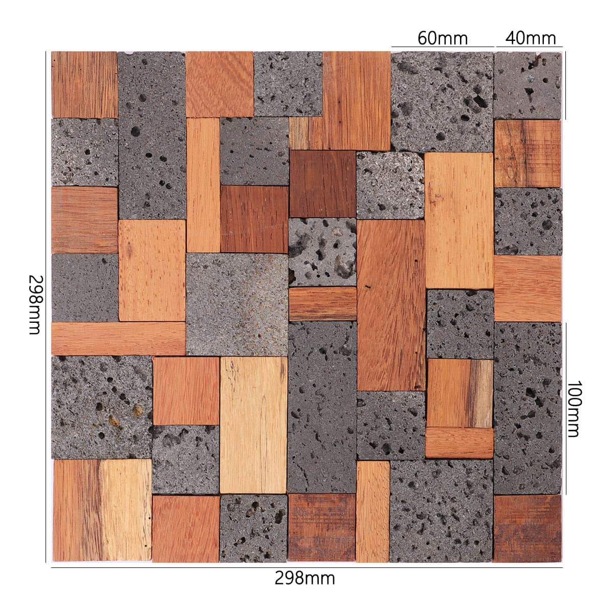 Size-labeled view of wood and lava stone mosaic tile