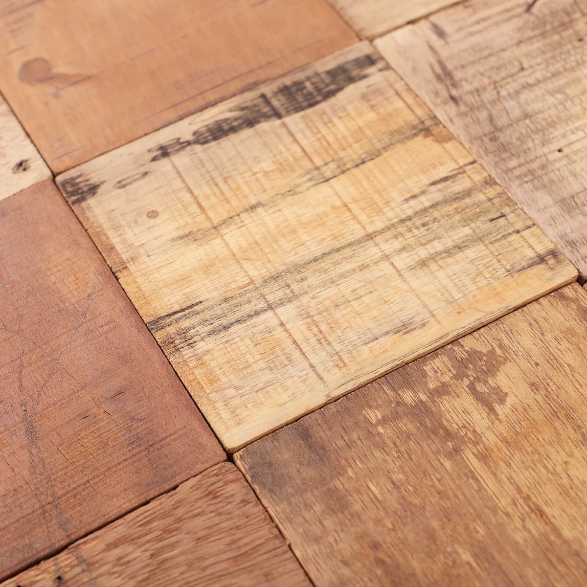 Diagonal view of wood mosaic tile with natural wood grain pattern