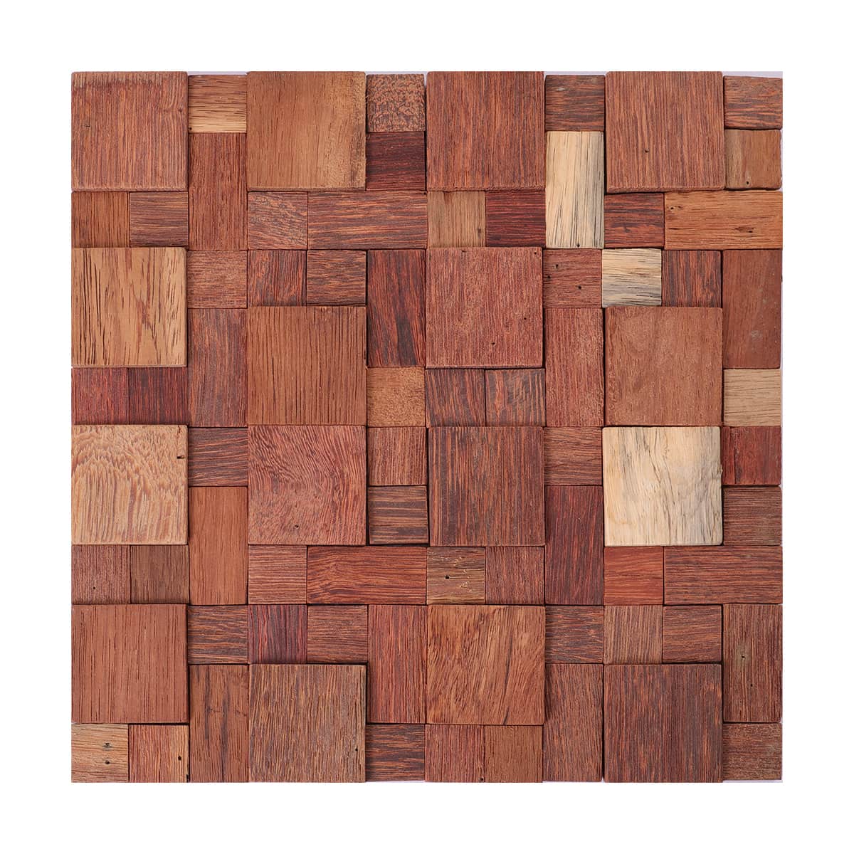 Rustic red wood mosaic tile sheet with square and rectangular blocks
