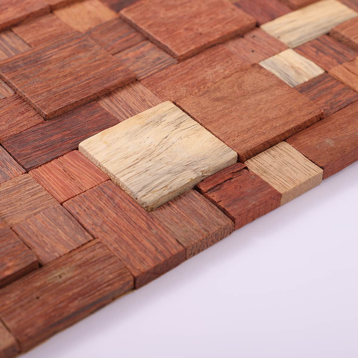 3D wood mosaic tiles showing raised surface and texture details