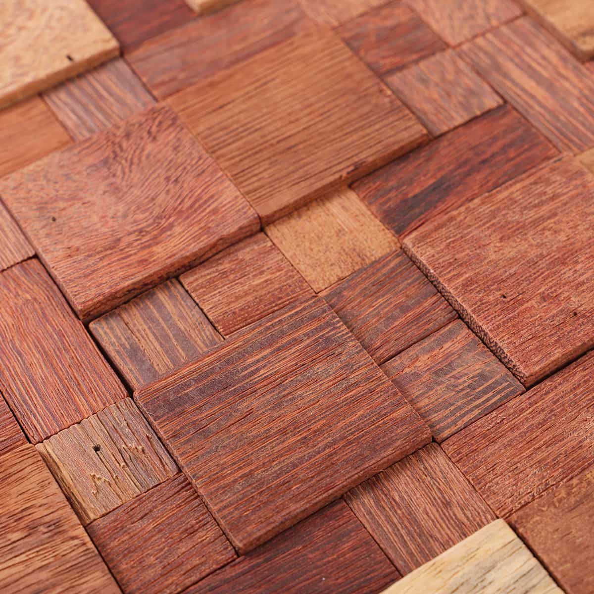 Handcrafted wood mosaic showing square block arrangement