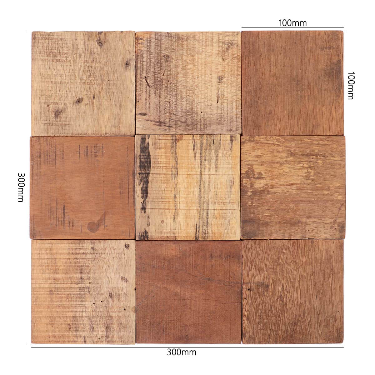 Square wood mosaic tile with 300x300mm size dimension markings