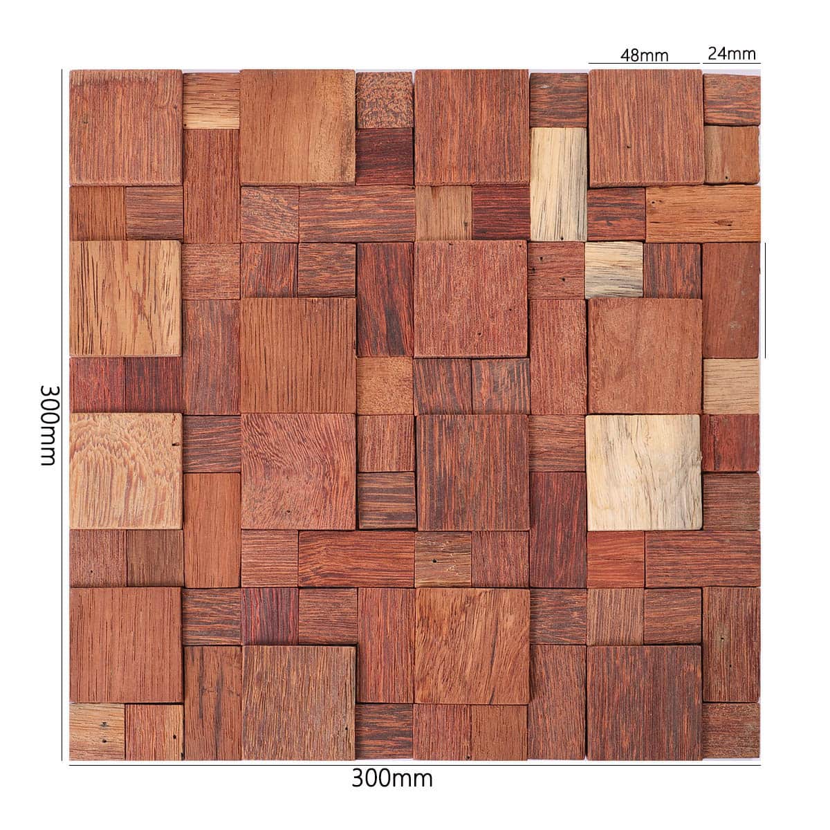 Wood mosaic tile sheet with labeled size of 300mm x 300mm