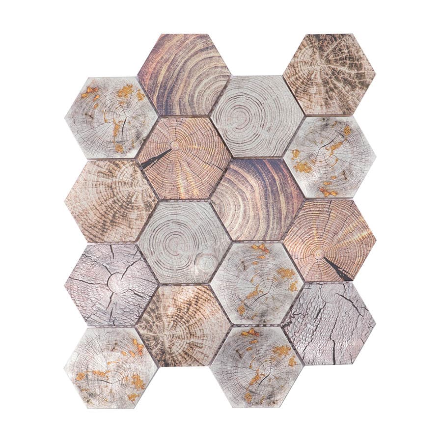 Front view of wood pattern hexagon aluminum mosaic tile sheet