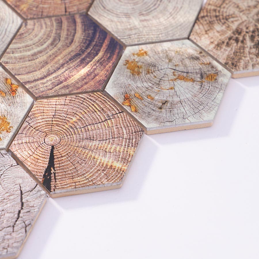 Side view showing thickness of wood pattern hexagon aluminum mosaic tile