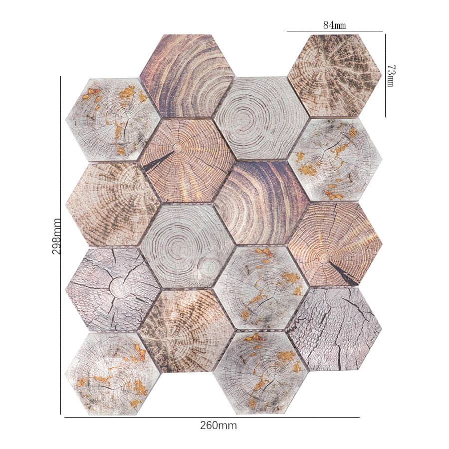 Wood pattern hexagon aluminum mosaic tile with size measurements