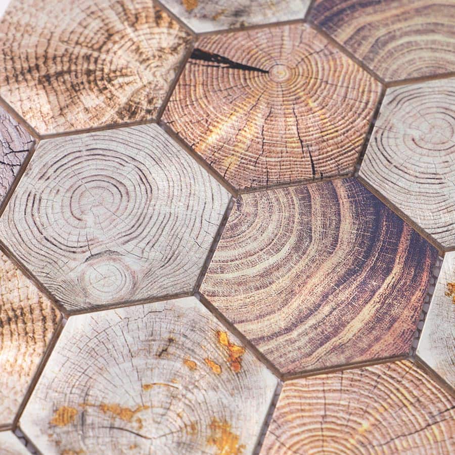 Close-up of wood pattern hexagon aluminum mosaic surface texture
