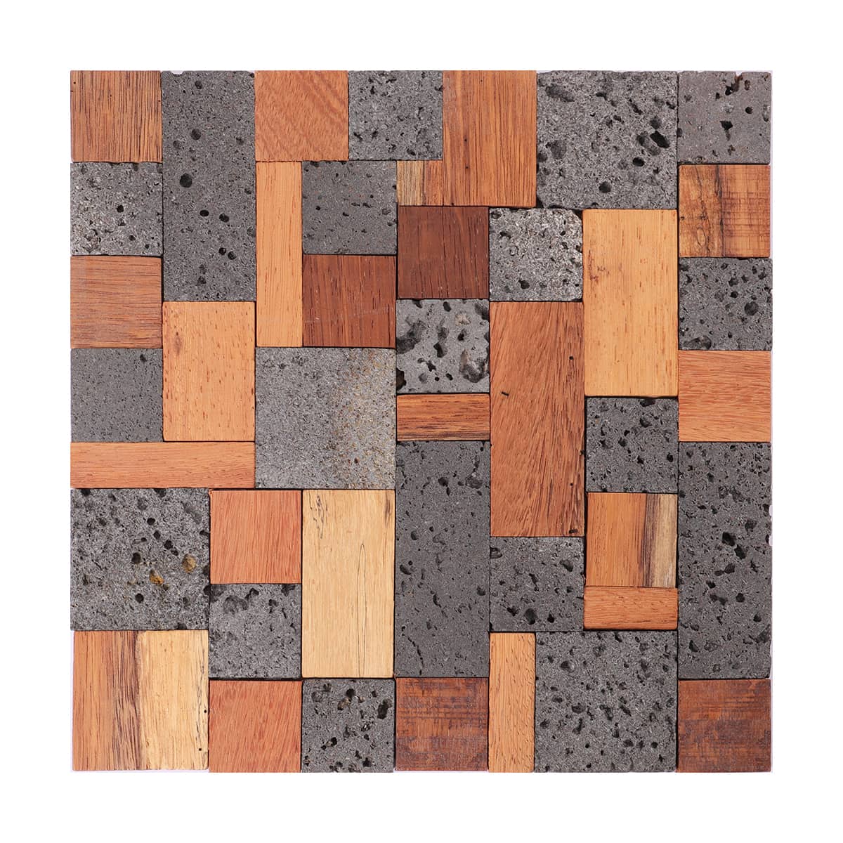 Mixed wood and lava stone mosaic tile in geometric pattern