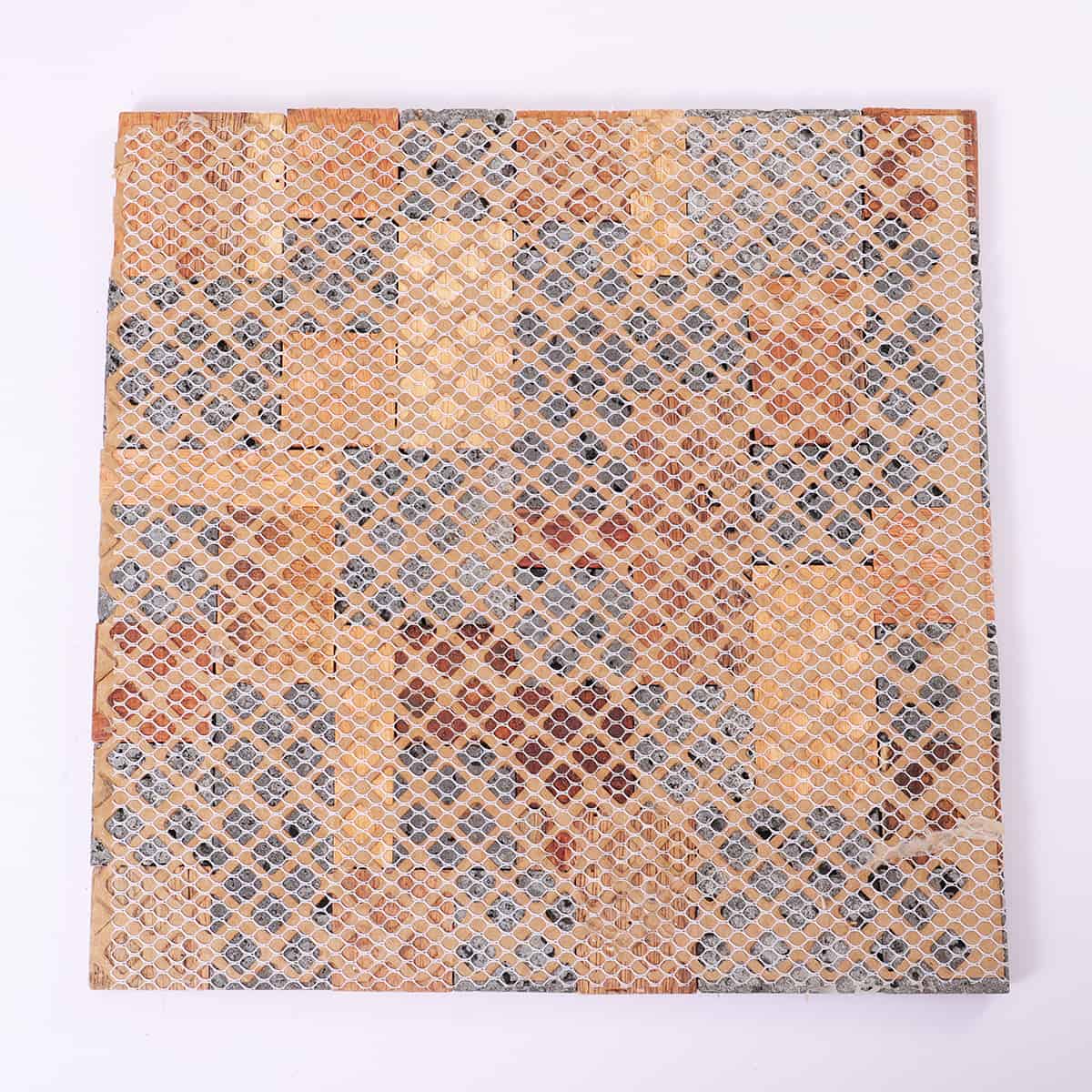 Backside of wood and stone mosaic tile with mesh sheet