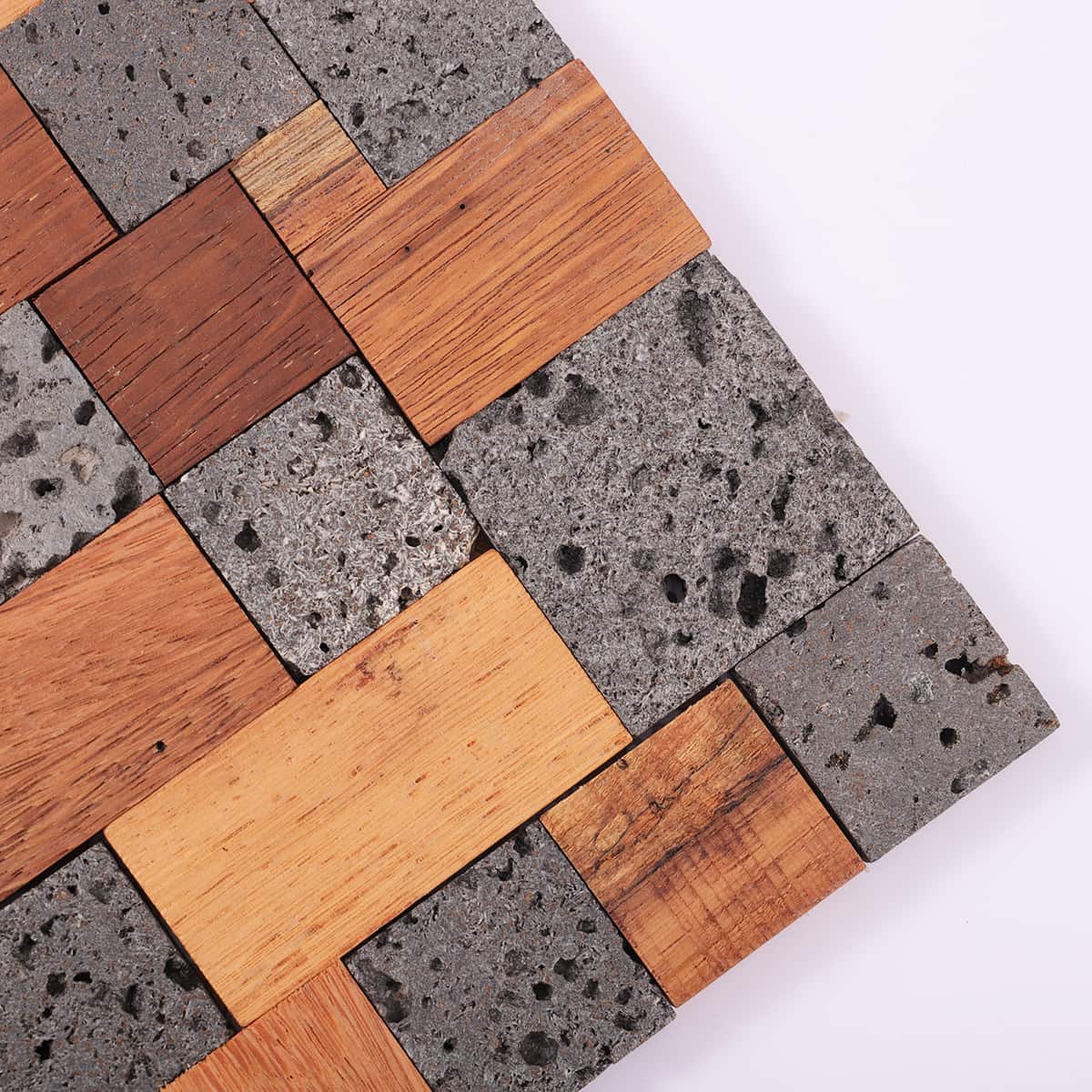 Corner detail of wood and stone mosaic tile