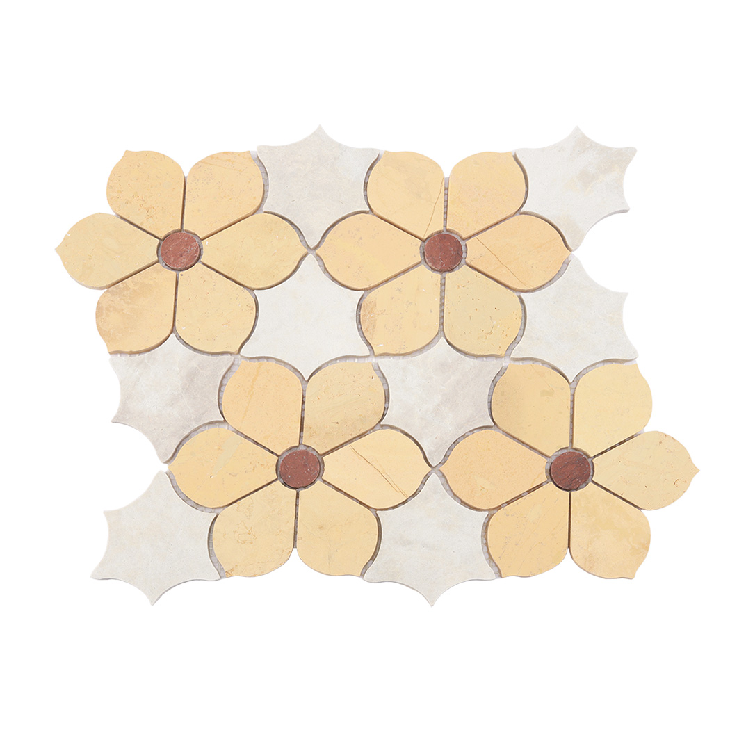 Front view of yellow beige flower marble mosaic with soft white background pieces