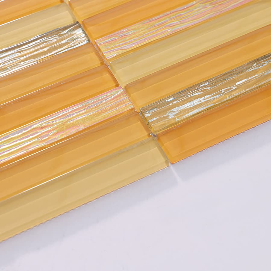Side angle view of yellow and iridescent crystal glass mosaic wall tile