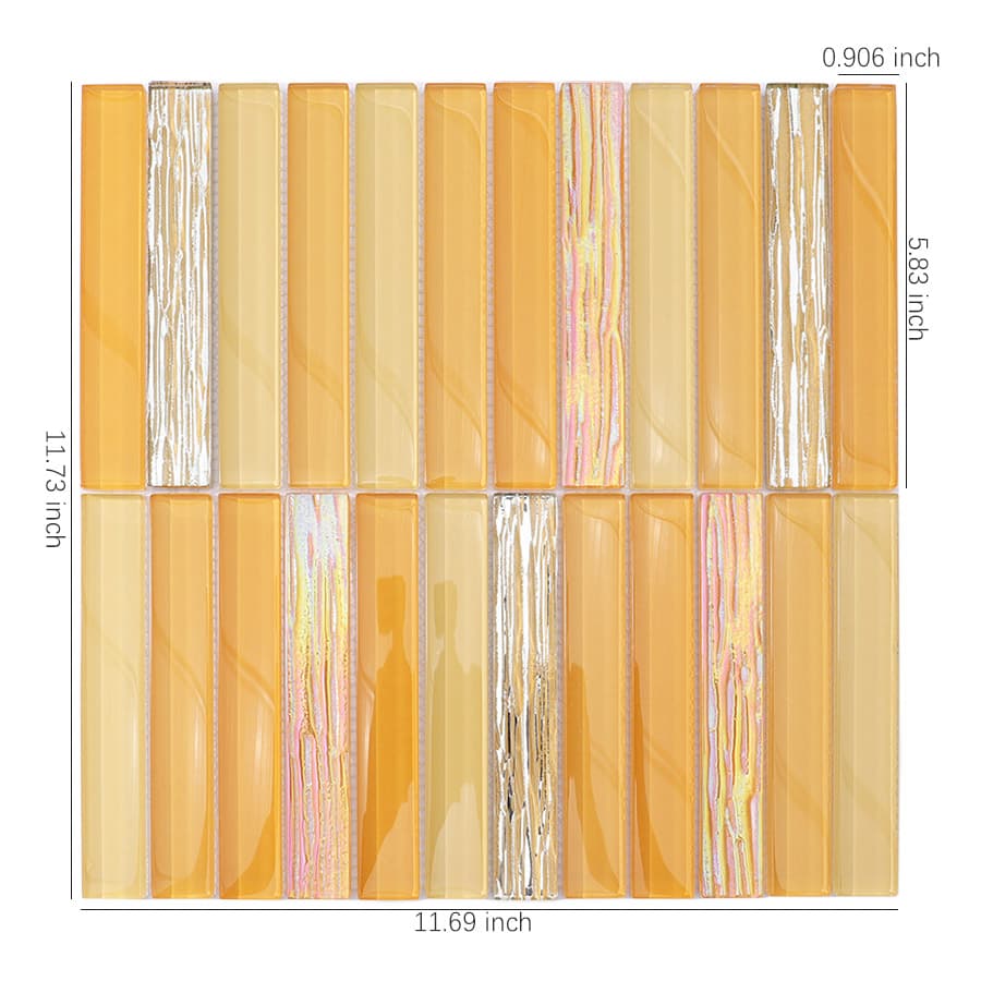 Yellow and iridescent crystal glass mosaic tile with measurement dimensions