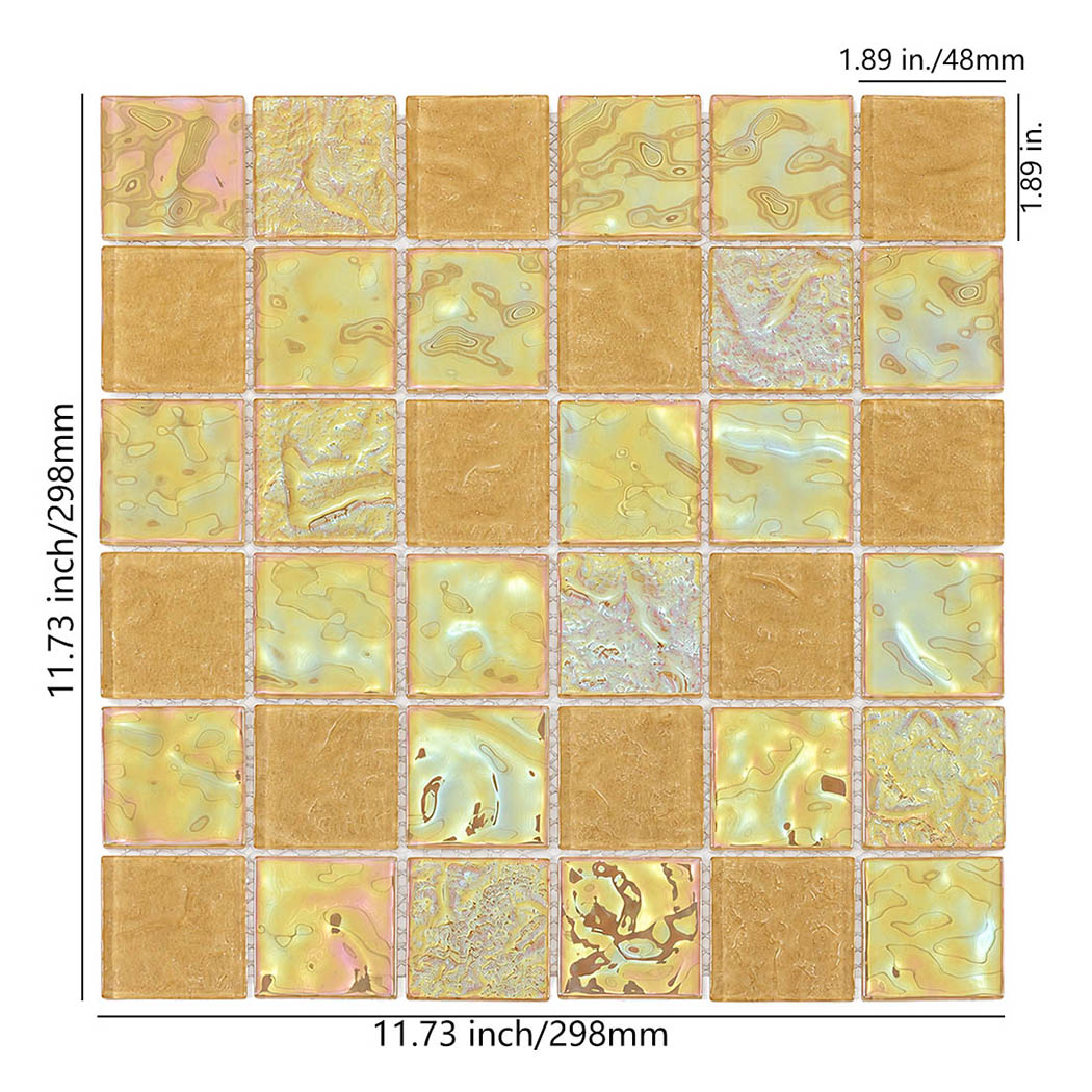 Yellow iridescent square glass mosaic tile sheet with overall size