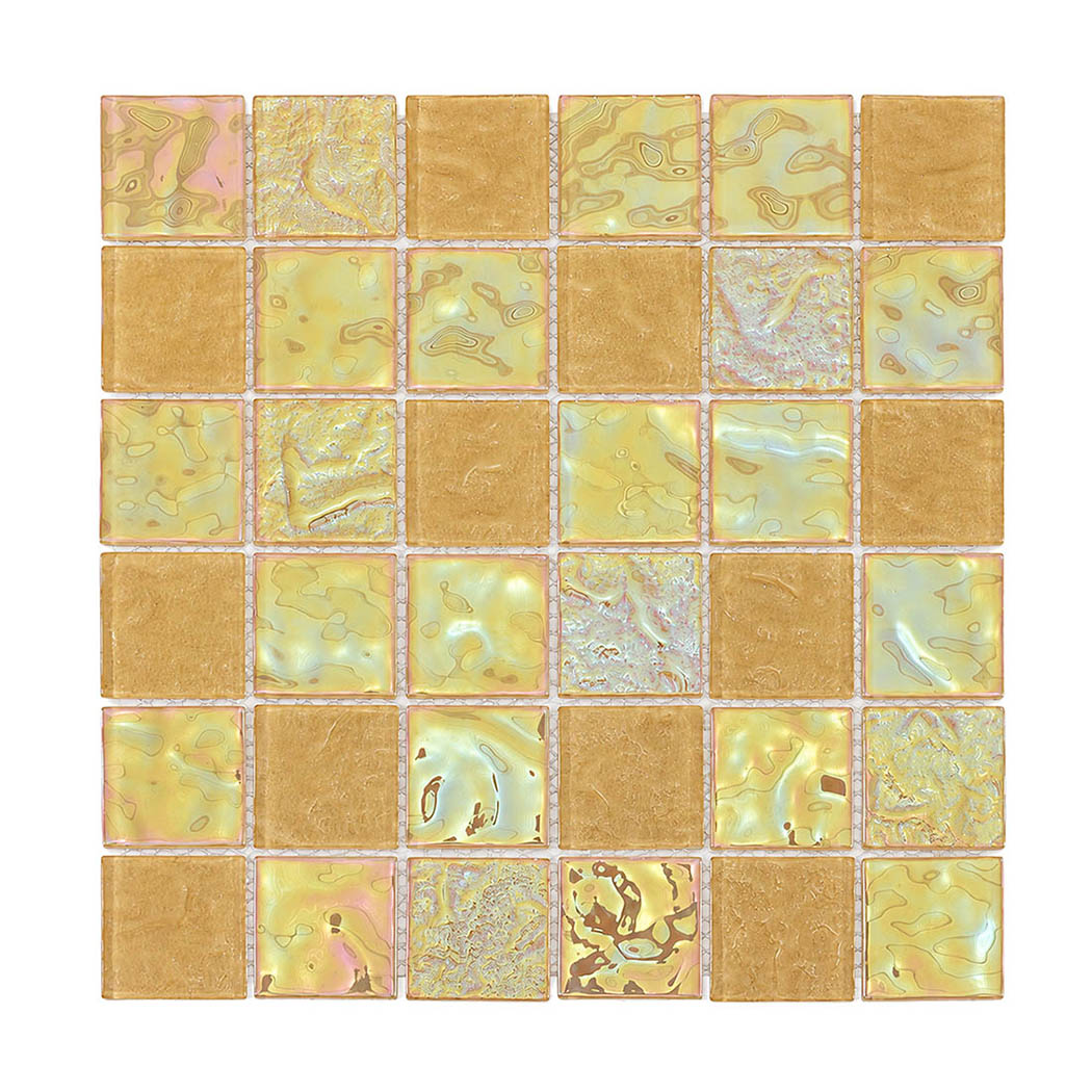 Full sheet of yellow iridescent square glass mosaic tiles with mixed marbled textures