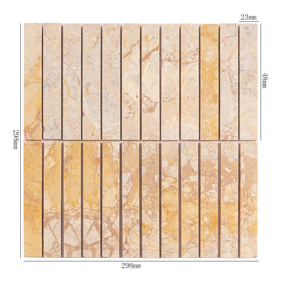 Yellow marble strip mosaic tile sheet with measurement dimensions