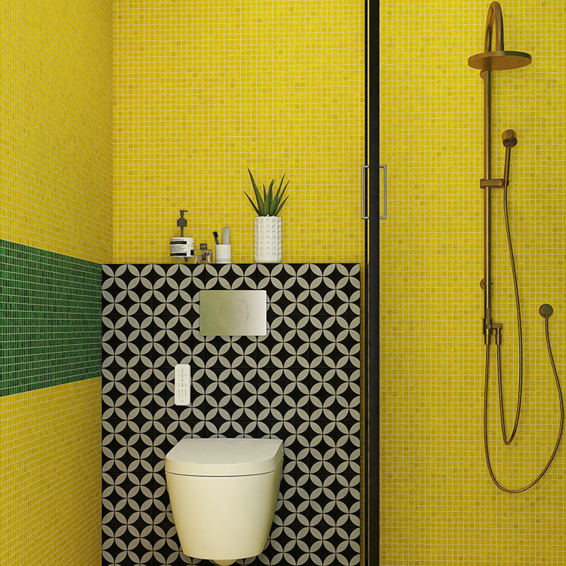 Bright yellow mosaic tile bathroom with black geometric tile panel
