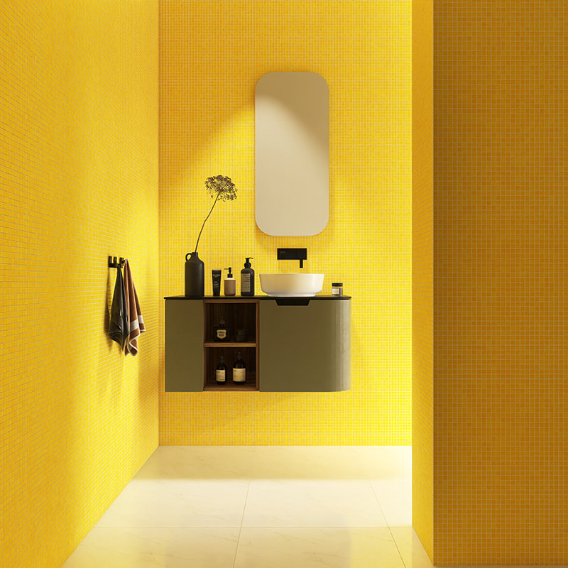 Bright yellow mosaic wall tiles in modern bathroom interior