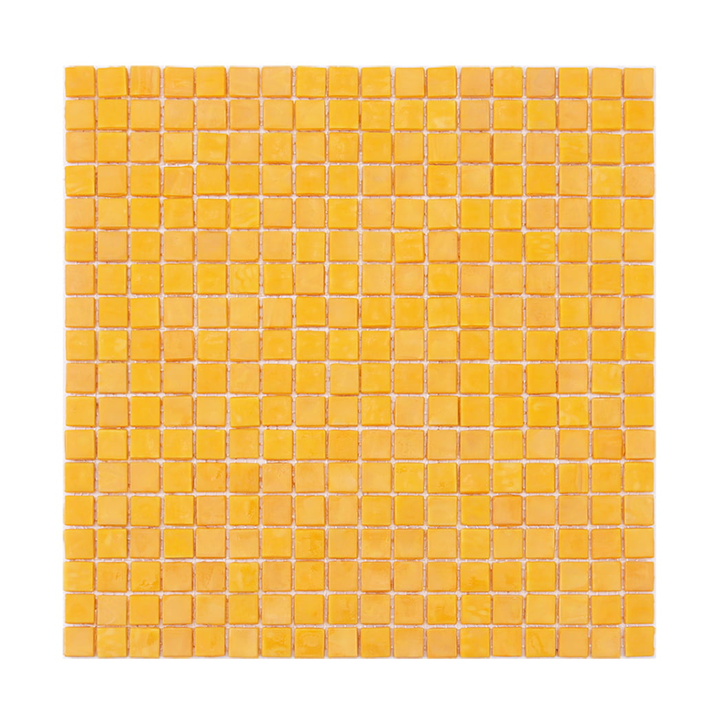 Full sheet view of yellow square glass mosaic tile in glossy finish