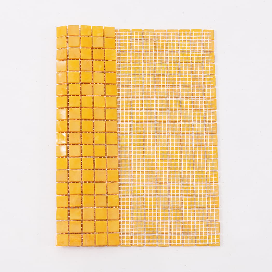 Yellow square glass mosaic tile with front and mesh backing view
