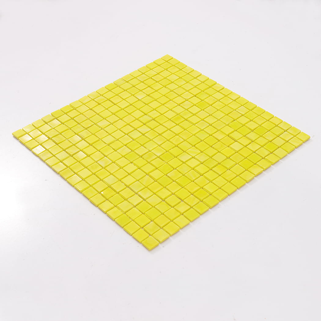Angled full-sheet view of lemon yellow square glass mosaic tile