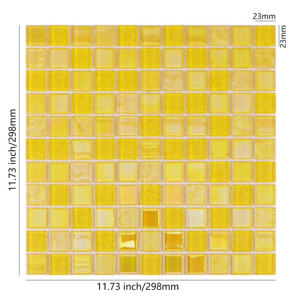 Yellow Iridescent Square Crystal Glass Mosaic Kitchen Backsplashes, Bathroom Walls and Pools Tile