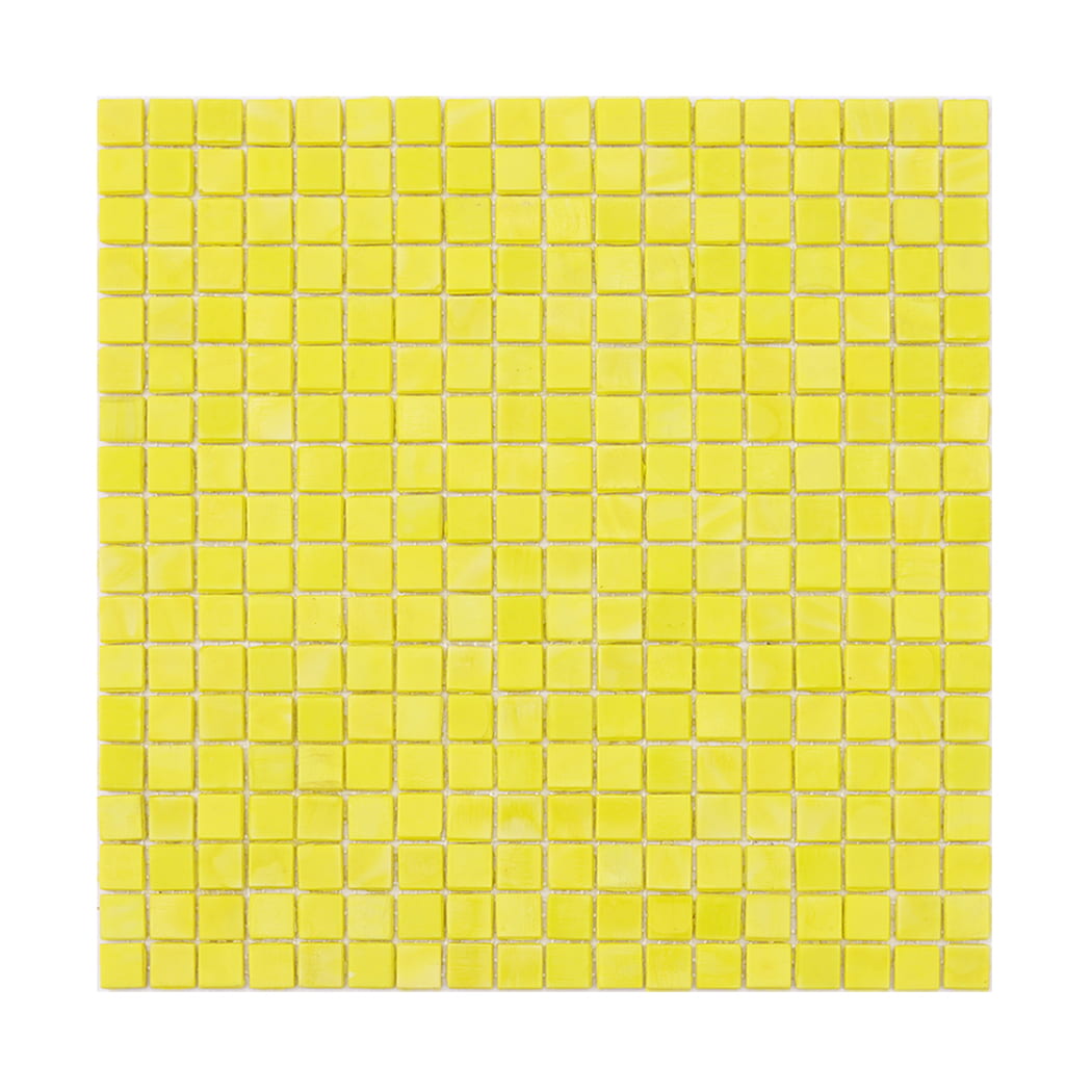 Full sheet of lemon yellow square glass mosaic tile in straight layout