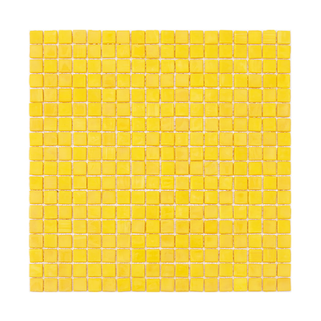 Full sheet of yellow square glass mosaic tile in bright glossy finish