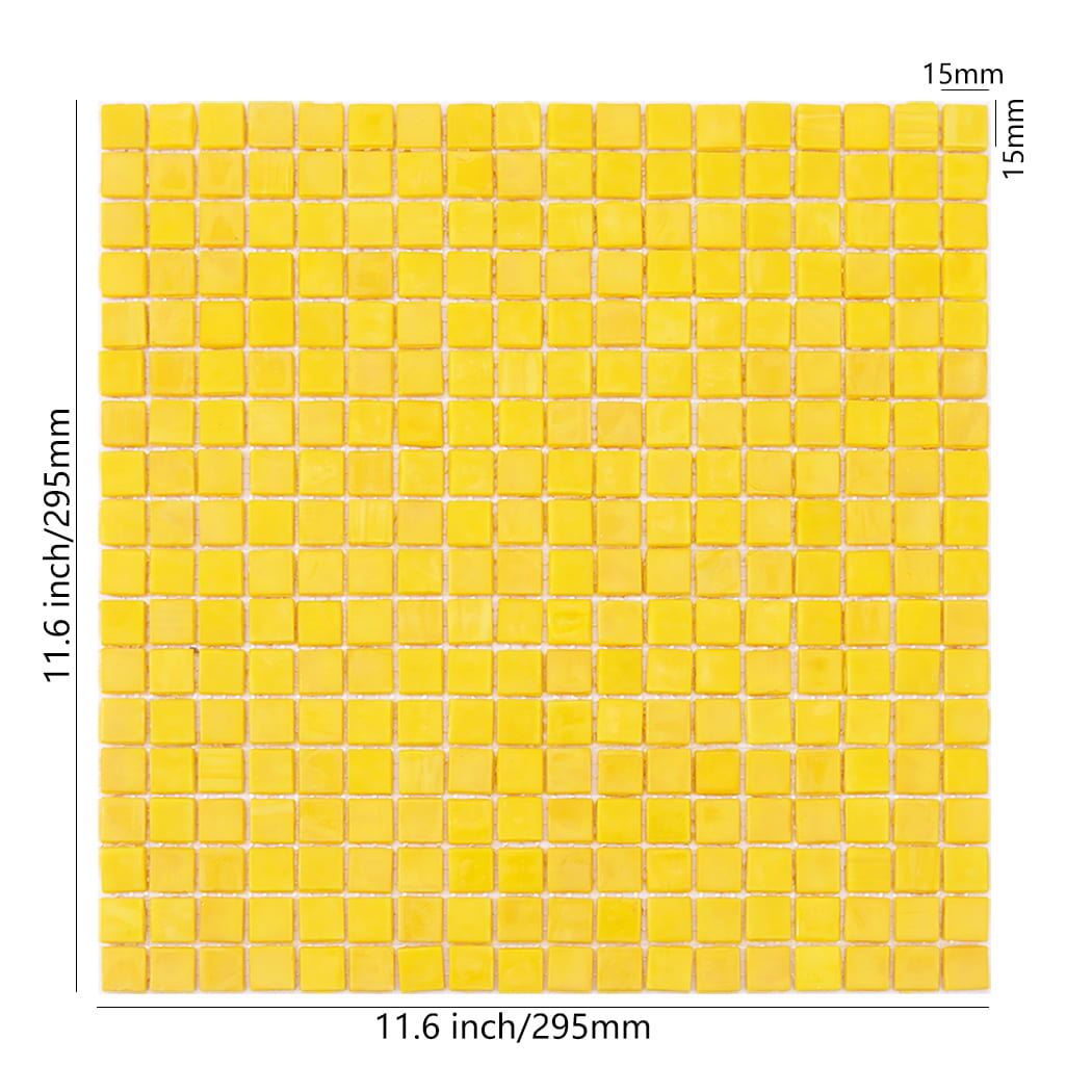 Yellow square glass mosaic tile sheet with size details and 15mm chips